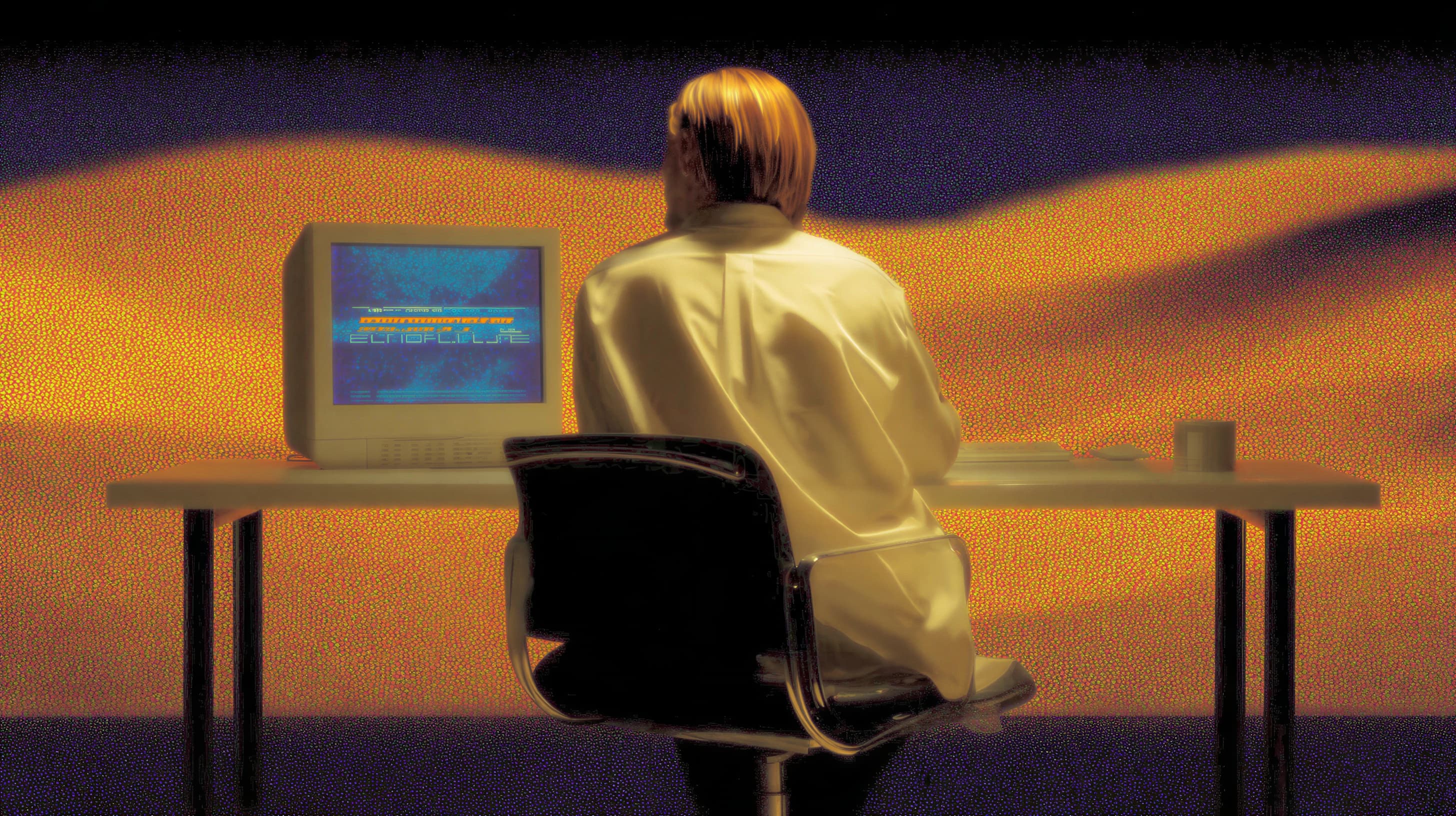 A person at a desk with an old CRT monitor in a warm amber glow